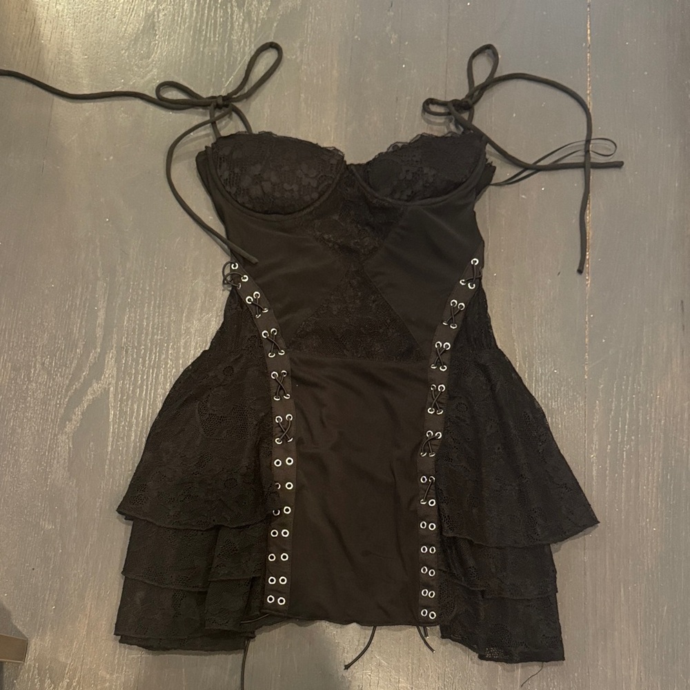 Elegant Black Lace-Up Dress